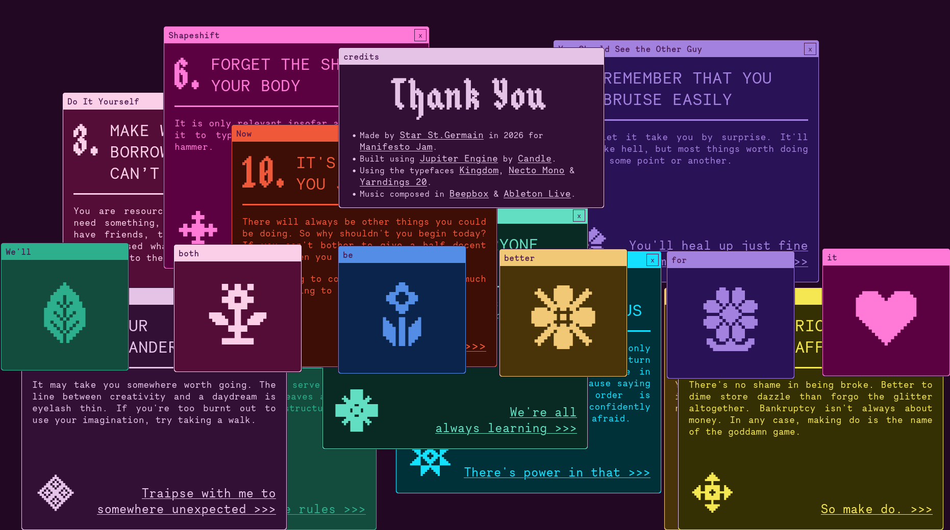 Screenshot of the website Instructions for Creating when you feel like Destroying made by &ldquo;thisisstar&rdquo; on itch.io. Various window screens opened with instructions how to drive your desire to create, even when you feel like frustrated by your endeavour.