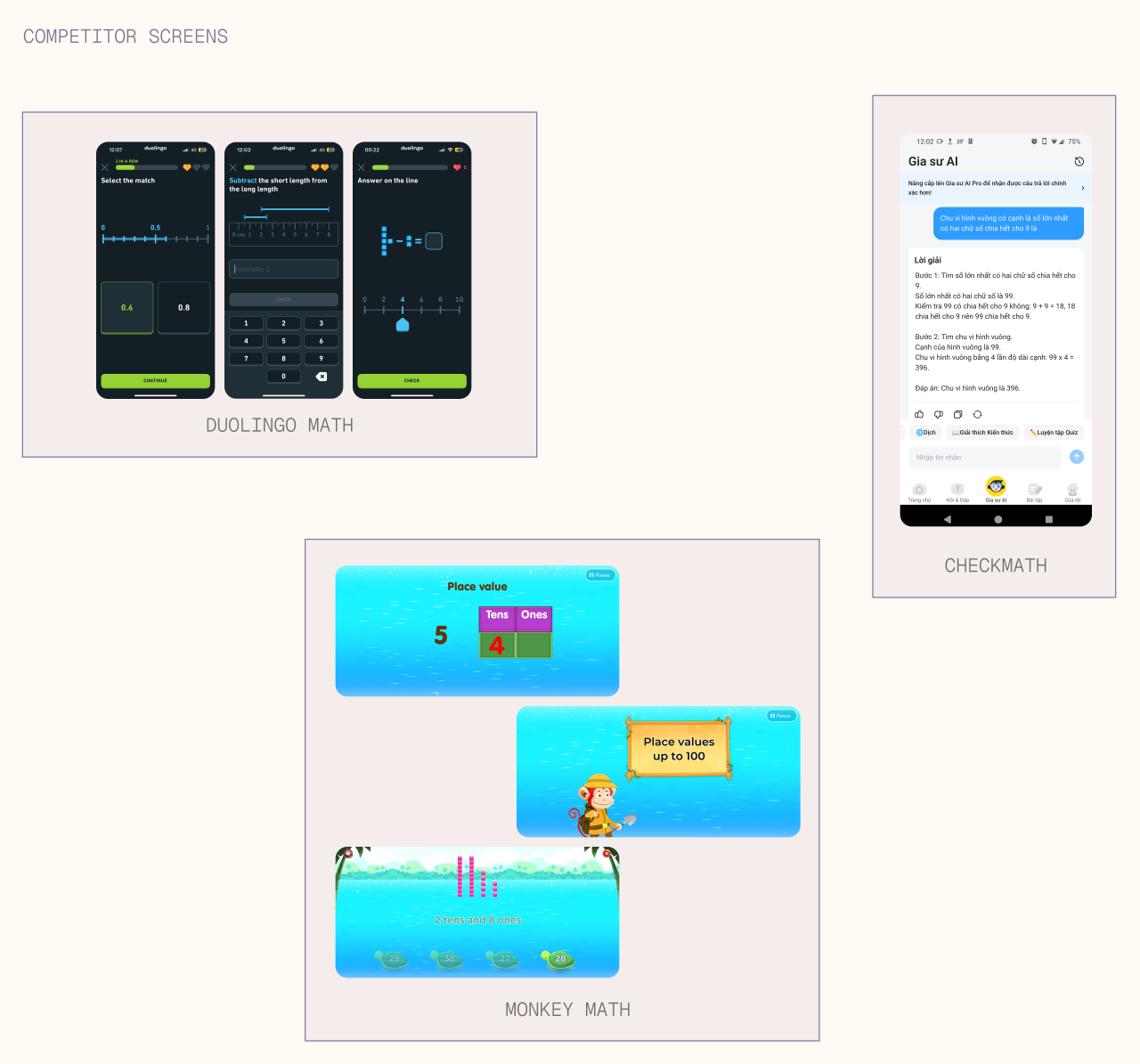 The competitors of our app, from the popular Duolingo Math to lesser ones like Checkmath and Monkey Math, which are all aim to children audience