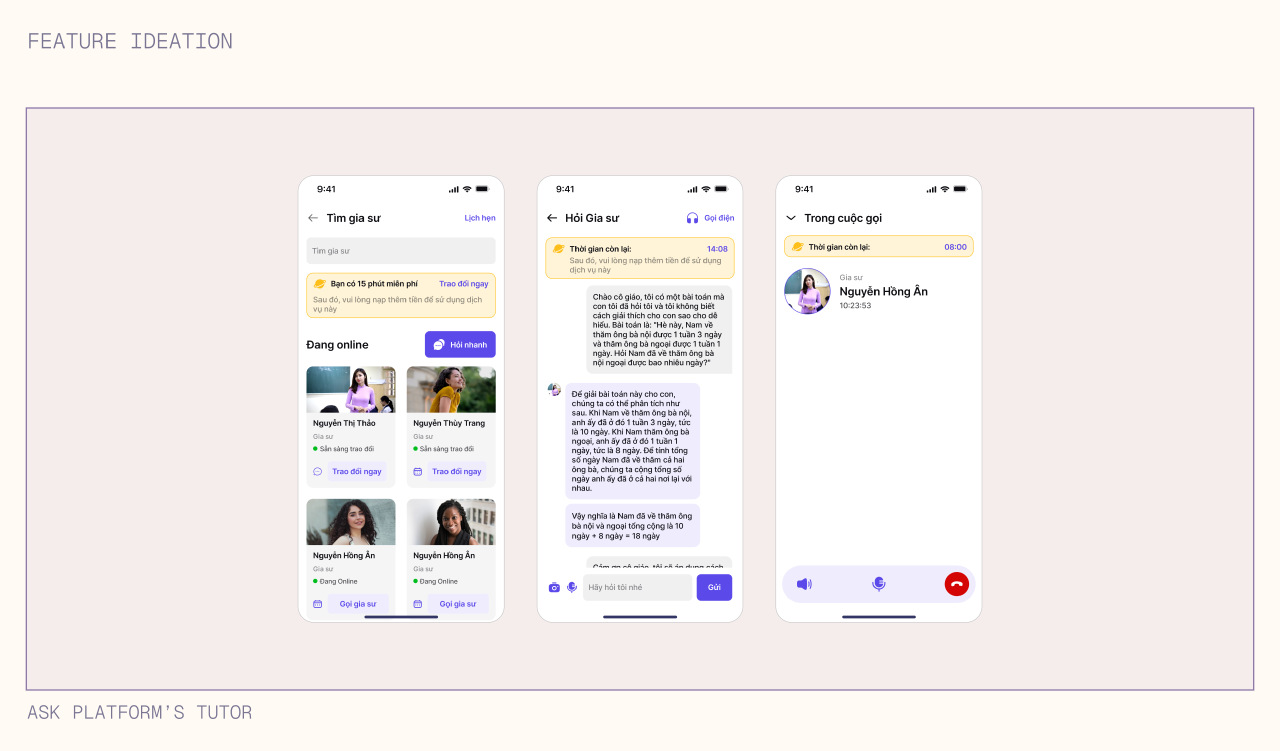 Tutor screen where user can find qualified tutor, chatting with them for Math’s problem solution and call them if needed