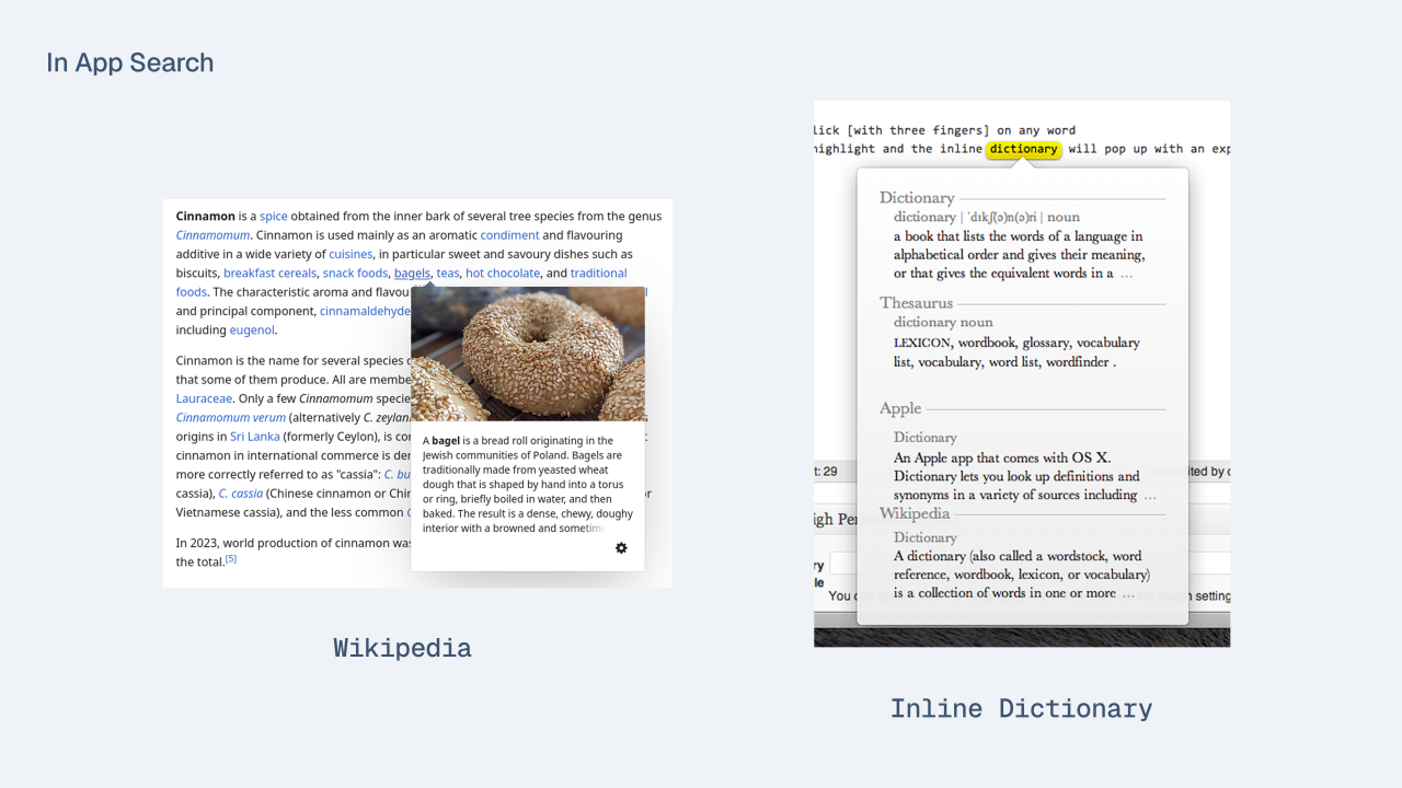 Wikipedia&rsquo;s and dictionary inline quick preview for showing short, digestible information